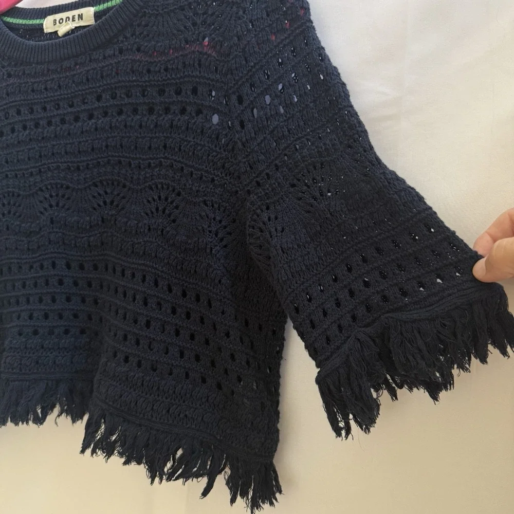 Boden Womens M‎ Crochet Knit Fringe Crop Top Navy Blue Cotton Boho Swim Cover